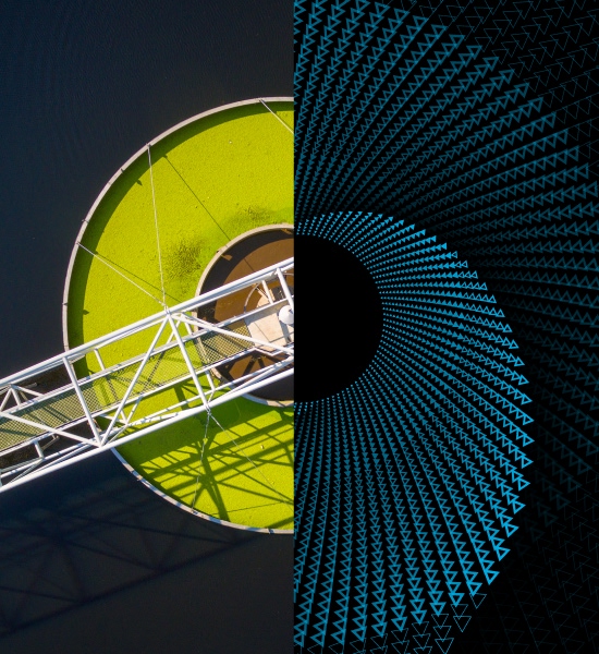 Split graphic showing a circular industrial structure on the left and a geometric data‑inspired radial pattern on the right, symbolizing the connection between physical infrastructure and digital technology.