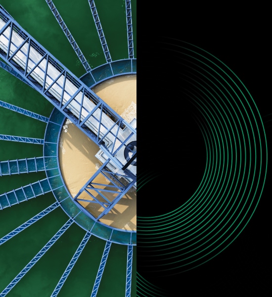 Split graphic showing an overhead view of a circular industrial structure with blue supports over green water on the left and a series of curved green digital lines on a black background on the right, symbolizing the link between physical systems and data‑driven technology