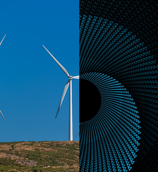 Split image showing a wind turbine against a clear blue sky on the left and a geometric radial pattern of blue digital triangles on a black background on the right, highlighting the connection between renewable energy and data‑driven technology.