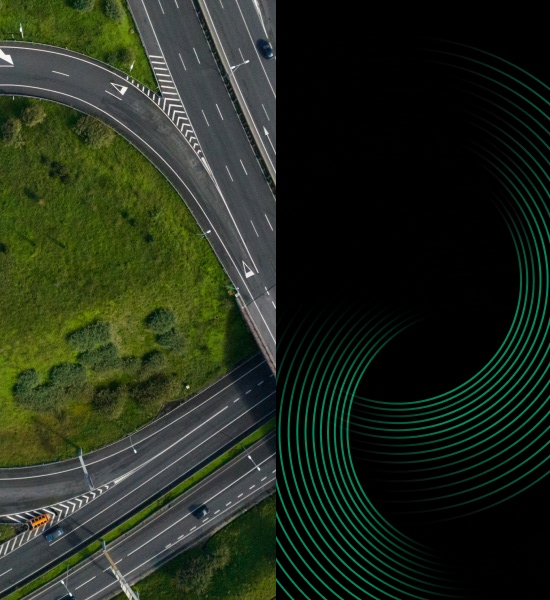 Split image showing an aerial view of intersecting highways surrounded by green landscape on the left and curved green digital lines on a black background on the right, symbolizing the connection between physical infrastructure and data‑driven technology.