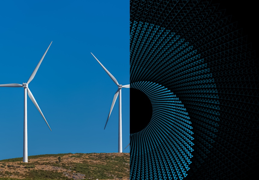 Split image showing a wind turbine against a clear blue sky on the left and a geometric radial pattern of blue digital triangles on a black background on the right, highlighting the connection between renewable energy and data‑driven technology
