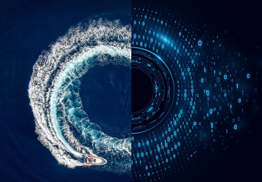 Split image showing an overhead view of a speedboat creating a circular wake on deep blue water on the left and a digital ring made of glowing blue binary code on the right, symbolizing the connection between real‑world movement and data intelligence