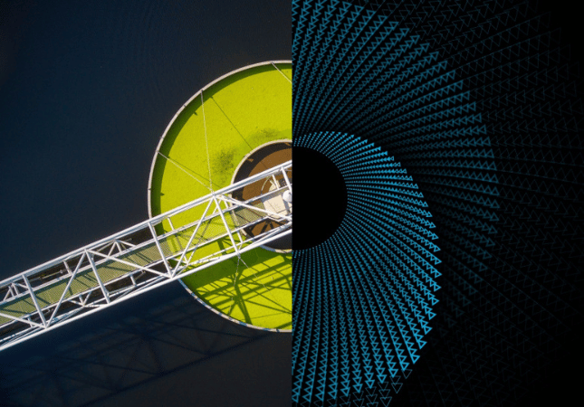 Split graphic showing a circular industrial structure on the left and a geometric data‑inspired radial pattern on the right, symbolizing the connection between physical infrastructure and digital technology