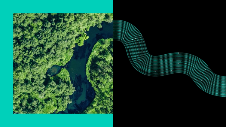 Split image showing an aerial view of a winding river surrounded by dense green forest on the left and flowing teal digital lines on a black background on the right, symbolizing the connection between natural landscapes and data‑driven technology.