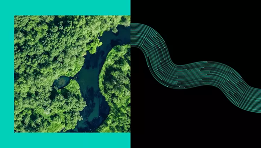 Split image of a winding river and abstract digital lines, representing the link between nature and data‑driven technology.